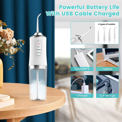 Oral Irrigator Portable Dental Water Flosser USB Rechargeable Water Jet Floss Tooth Pick 4 Jet Tip 220ml 3 Modes