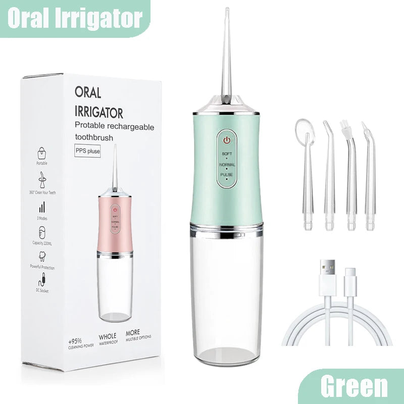 Oral Irrigator Portable Dental Water Flosser USB Rechargeable Water Jet Floss Tooth Pick 4 Jet Tip 220ml 3 Modes