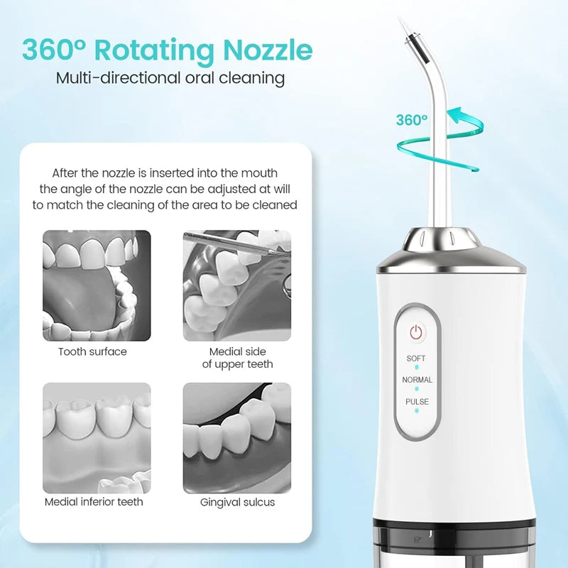 Oral Irrigator Portable Dental Water Flosser USB Rechargeable Water Jet Floss Tooth Pick 4 Jet Tip 220ml 3 Modes