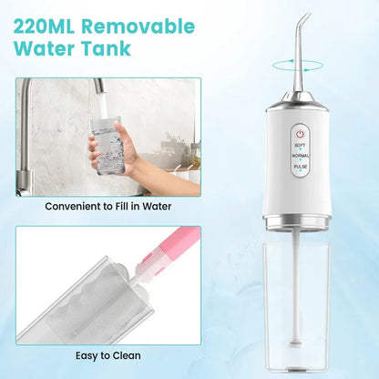 Oral Irrigator Portable Dental Water Flosser USB Rechargeable Water Jet Floss Tooth Pick 4 Jet Tip 220ml 3 Modes
