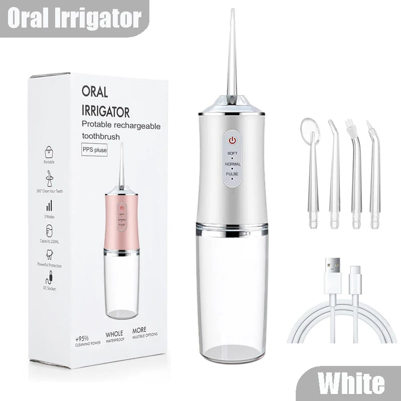 Oral Irrigator Portable Dental Water Flosser USB Rechargeable Water Jet Floss Tooth Pick 4 Jet Tip 220ml 3 Modes
